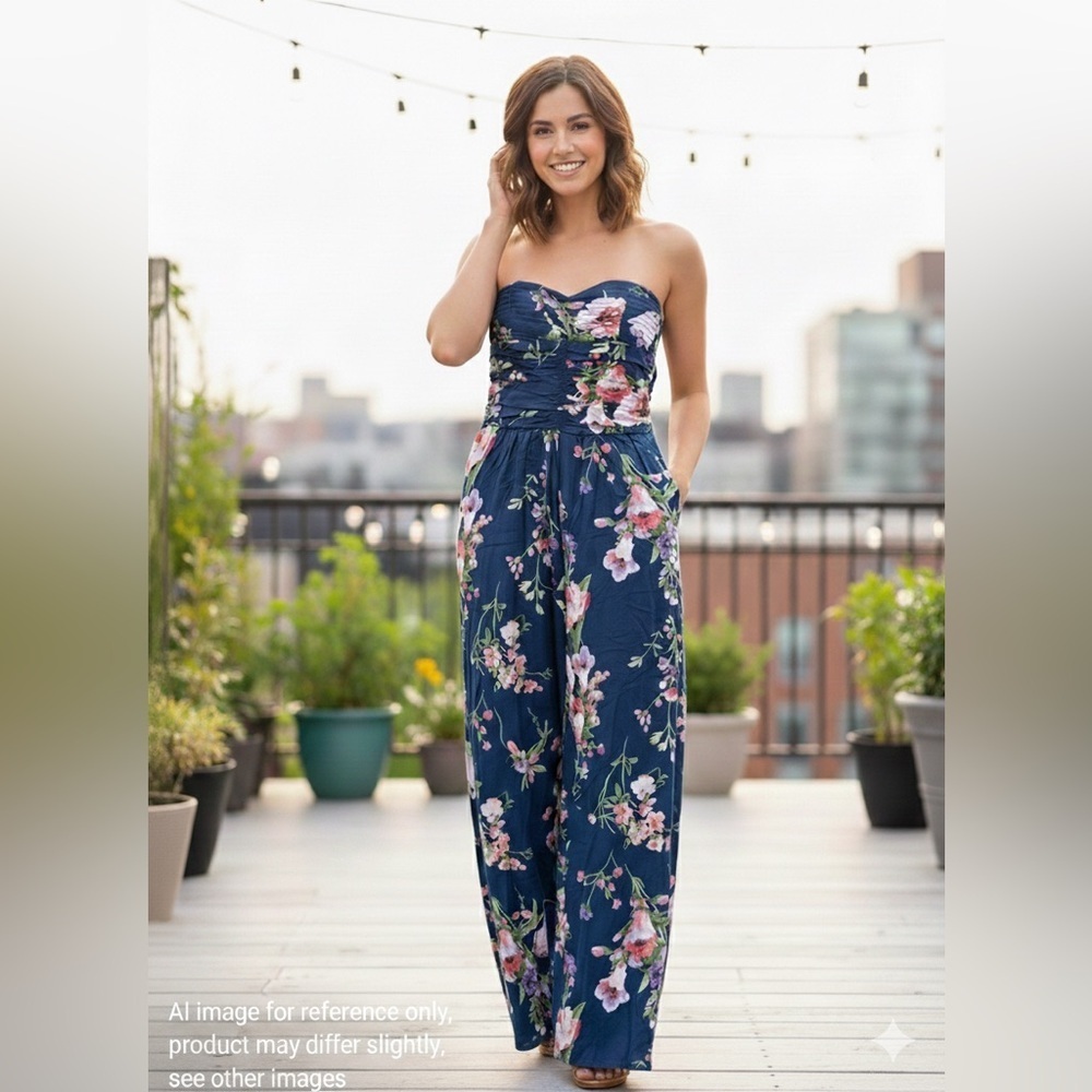 BOG Collective ($130) Navy Floral Strapless Wide Leg Jumpsuit Feminine Sz XS